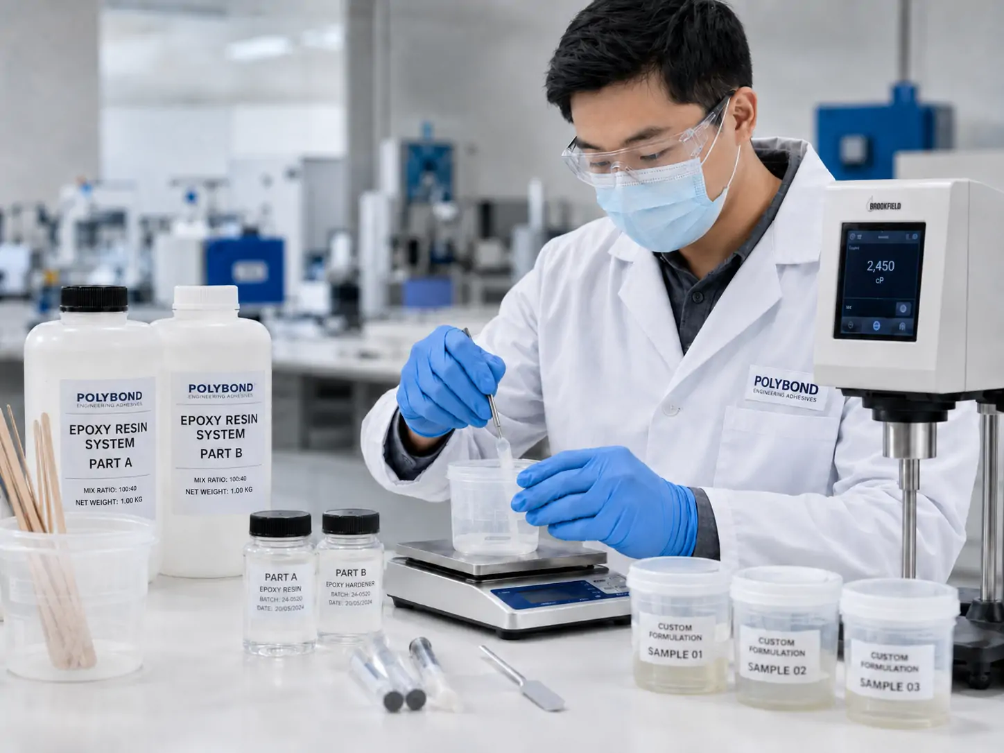 Industrial laboratory resin formulation and sample testing for application-specific epoxy and polyurethane requirements
