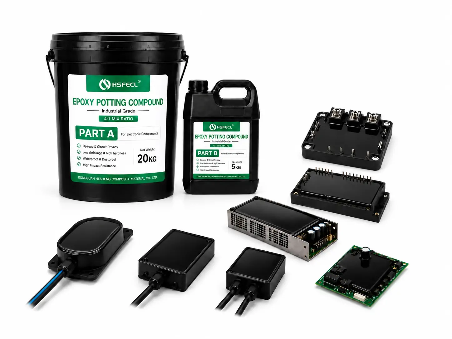 Black epoxy potting compound for encapsulated PCBs, electronic modules and industrial electronic components