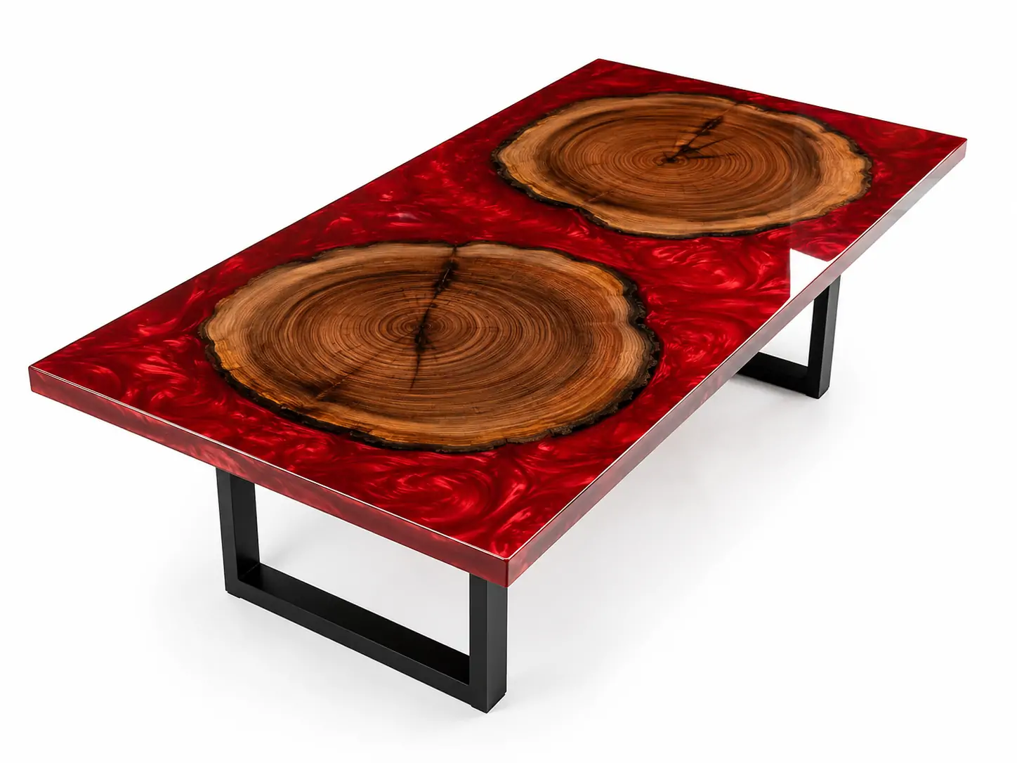 Clear deep-pour epoxy resin between natural wood slabs in a river table