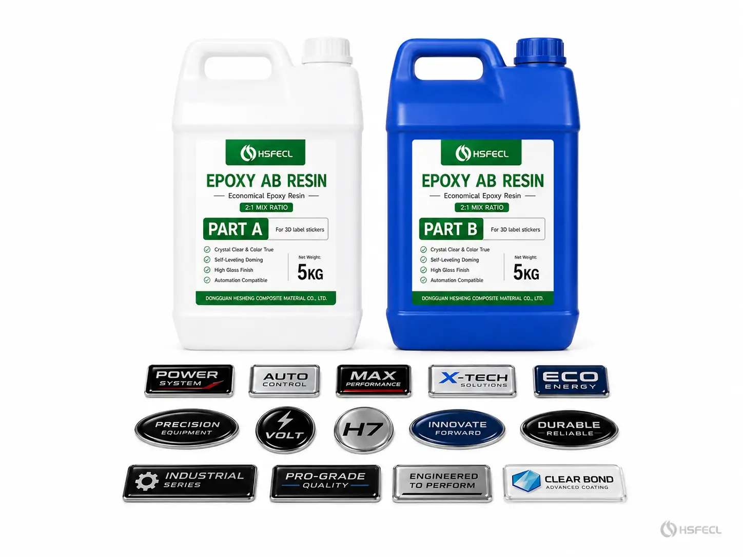 Epoxy doming resin product packaging for raised labels and 3D sticker applications